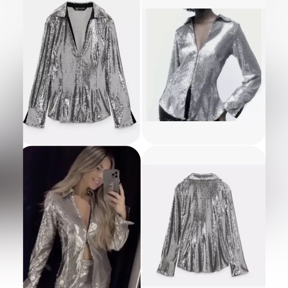 ZARA disco blogger favorite Silver Sequin Button-Up Shirt medium - Picture 1 of 8